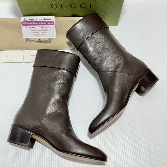 Gucci Men Boots 10/ US 10.5 Cocoa Leather Block Heel Mid Calf Pull-On NIB - Picture 8 of 12